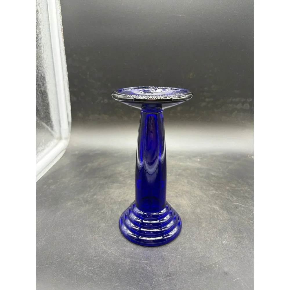 Vintage Cobalt Blue Glass Candlestick Holder Ribbed Base Pillar Stand 6.75in